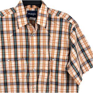 Wrangler western men’s shirt, large orange plaid Short Sleeve pearl snap pocket